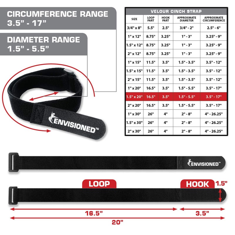 ENVISIONED Velour Cinch Straps 1.5" x 20" - 6 Pack, Soft Touch Microfiber Reusable Hook and Loop - Plus 2 Free Bonus Reusable Cable Ties - Image 2